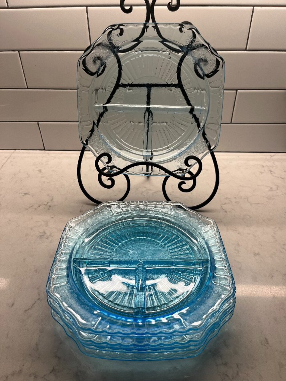 (5) Anchor Hocking 1930’s Mayfair “Open Rose” Ice Blue GRILL PLATES